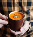 Pumpkin cream soup in the rustic mug