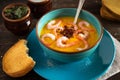 Pumpkin cream soup with shrimps Royalty Free Stock Photo