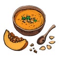 Pumpkin cream soup vector drawing set. Isolated hand drawn bowl of soup, sliced piece of pumpkin and seeds. Vegetable