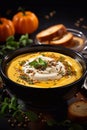 Pumpkin creamy soup served in bowl