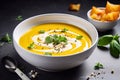 Pumpkin creamy soup served in bowl