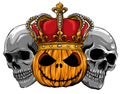 Pumpkin with crown surrounded by skulls vector