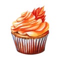 pumpkin cupcake isolated on white background. Drawn by watercolor. Autumn sweet Royalty Free Stock Photo