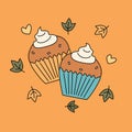 Cute pumpkin cupcakes cartoon vector illustration