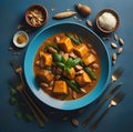 Pumpkin curry in a blue plate on a blue background, top view