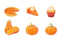 Pumpkin Dishes Set. Fresh ripe pumpkins, pumpkin pies and cupcake. Traditional Thanksgiving food collection for stickers Royalty Free Stock Photo