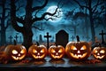 Pumpkin Ensemble: Halloween-Themed Still Life with Jack-o\'-Lanterns, Flickering Candles Casting Eerie Glows