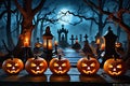 Pumpkin Ensemble: Halloween-Themed Still Life with Jack-o\'-Lanterns, Flickering Candles Casting Eerie Glows