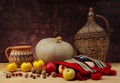 Pumpkin and ethnic bag of wool with fruits