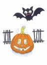 Pumpkin with eyes, nose and mouth. A candle burns inside. A bat hovers in the background and a broken fence is visible