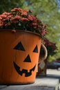 Pumpkin Face Planter with Mums Royalty Free Stock Photo