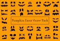 Pumpkin faces. Halloween jack o lantern face silhouettes. Monster ghost carving scary smileys vector icons set.