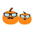 Pumpkin family love couple. Happy Halloween. Funny creepy smiling face. Lips and moustaches. Eyeglasses Sunglasses. Cute cartoon b