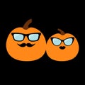 Pumpkin family love couple. Happy Halloween. Funny creepy smiling face. Lips and moustaches. Eyeglasses Sunglasses. Cute cartoon b