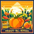 Pumpkin farm. Harvesting season. Vector illustration in flat style Generative AI