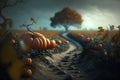 Pumpkin field in autumn, 3d render, digital illustration