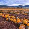 Pumpkin field at sunset. Beautiful landscape in Hungary. Autumn Royalty Free Stock Photo