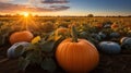 Pumpkin field at sunset Royalty Free Stock Photo