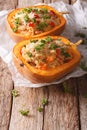 Pumpkin filled with an couscous, meat, vegetables and cheese Royalty Free Stock Photo