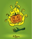 Pumpkin in fire floating on the devil hand on green background,halloween concept