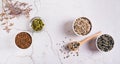 Pumpkin, flax, sesame and sunflower seeds ÃÂycling for Hormone Balance top view web banner