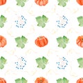 Pumpkin, foliage and berries seamless watercolor raster pattern Royalty Free Stock Photo