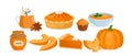 Pumpkin food menu. Cartoon raw and cooked pumpkin dishes collection with vegetable slices and soup, cream pie, jam, hot