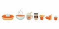 Pumpkin food set. Whole pie and slice, spice latte and soup, cupcake and jam. Autumn collection of pumpkins dishes. Colorful