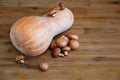 Pumpkin,Fresh Mushrooms on the Wooden Table.Autumn Garden's Vegetables Royalty Free Stock Photo