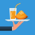 Pumpkin Fresh on tray. Waiter serves cocktail smoothie. Vector flat.