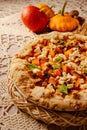 pumpkin galette, open pie for festive Thanksgiving family dinner. close up view