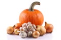 Pumpkin, Garlic and Onions on white background, Halloween