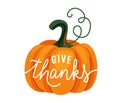 Pumpkin with Give Thanks text vector illustration. Thanksgiving orange gourd vector illustration in creative modern flat