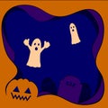 Pumpkin, gravestones and ghosts on a background of multi-layered colored paper