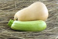 Pumpkin and green zucchini lying on dry hay