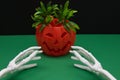 Pumpkin with hair from Halloween and the bones of the hands on a green-black background