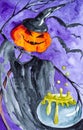 Pumpkin on Halloween brews a poisonous potion.In the background, flying bats. Watercolor illustration