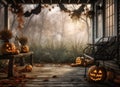pumpkin halloween fall porch wooden door decoration holiday leaf house. Generative AI.