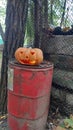 Pumpkin with a Halloween lantern on an old red barrel Royalty Free Stock Photo