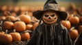 Pumpkin Halloween scarecrow figure amidst the pumpkins in the field - Generative AI Royalty Free Stock Photo