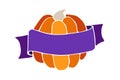 Pumpkin. Hand drawn vintage style orange ripe pumpkin with violet ribbon vector illustration in white background. Autumn harvest. Royalty Free Stock Photo