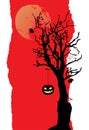 The pumpkin is hanging on the tree. Halloween banner