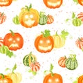 Pumpkin harvest and Halloween decorations seamless vector pattern Royalty Free Stock Photo