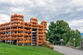 Pumpkin harvest on the stack. Decorative Heloween fortress on the hill Royalty Free Stock Photo