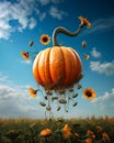 Pumpkin that has flower on it is dangling off a colorful sky. Style of meticulous photorealistic still lifes and grocery art