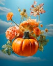 Pumpkin that has flower on it is dangling off a colorful sky. Style of meticulous photorealistic still lifes and grocery art