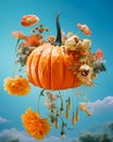 Pumpkin that has flower on it is dangling off a colorful sky. Style of meticulous photorealistic still lifes and grocery art