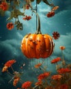 Pumpkin that has flower on it is dangling off a colorful sky. Style of meticulous photorealistic still lifes and grocery art