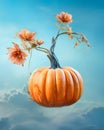 Pumpkin that has flower on it is dangling off a colorful sky. Style of meticulous photorealistic still lifes and grocery art