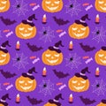 A pumpkin in a hat with cobwebs, bats and sweets. Vector seamless pattern on a bright purple background for Halloween Royalty Free Stock Photo